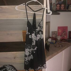 Floral Polka dot black and white short dress with lace detail - small